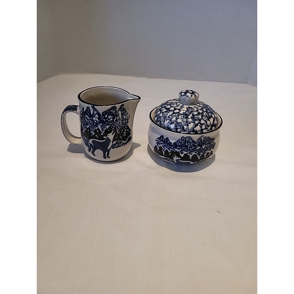 Tienshan Folk Craft WOLF Vtg Creamer Pitcher & Sugar Bowl Lot Blue Sponge